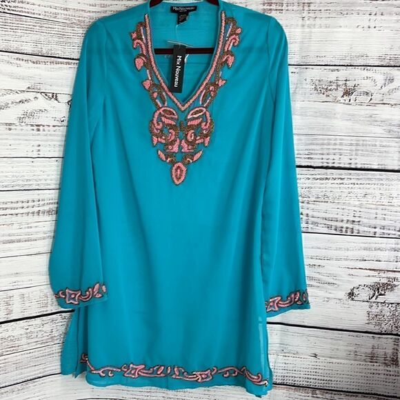 Mix nouveau Tunic Womens size Small chiffon Beaded Boho sequins Aruba Blue New - Picture 3 of 9